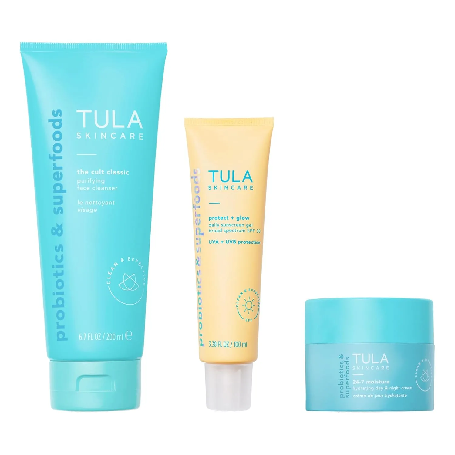 TULA Skin Care Everyday Glow - набор Essentials, включает Cult Classic 6.7 унций, Protect + Glow SPF 30 3.38 унций и 24/7 Moisture Hydrating Day & Night Cream 1.5 унций, 3 предмета
