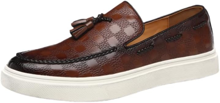 

Мужские лоферы Hhhchpm с кисточками, кожаные, в клетку, с круглым носком, низкие, нескользящие, для бизнеса и повседневного стиля, коричневый