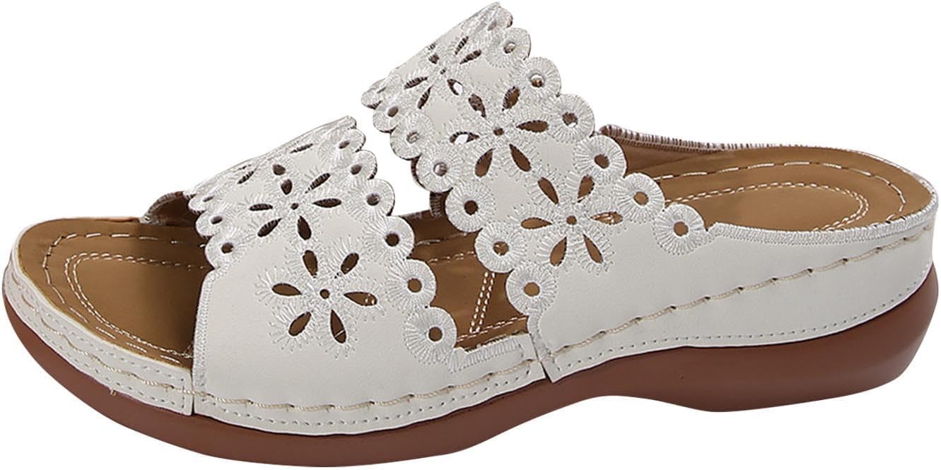 

Ортопедические сандалии ZWRXW для женщин с вырезами, ретро сандалии на клиновидной танкетке, летние слайд-сандалии, удобные элегантные повседневные пляжные тапочки с поддержкой свода стопы, белый