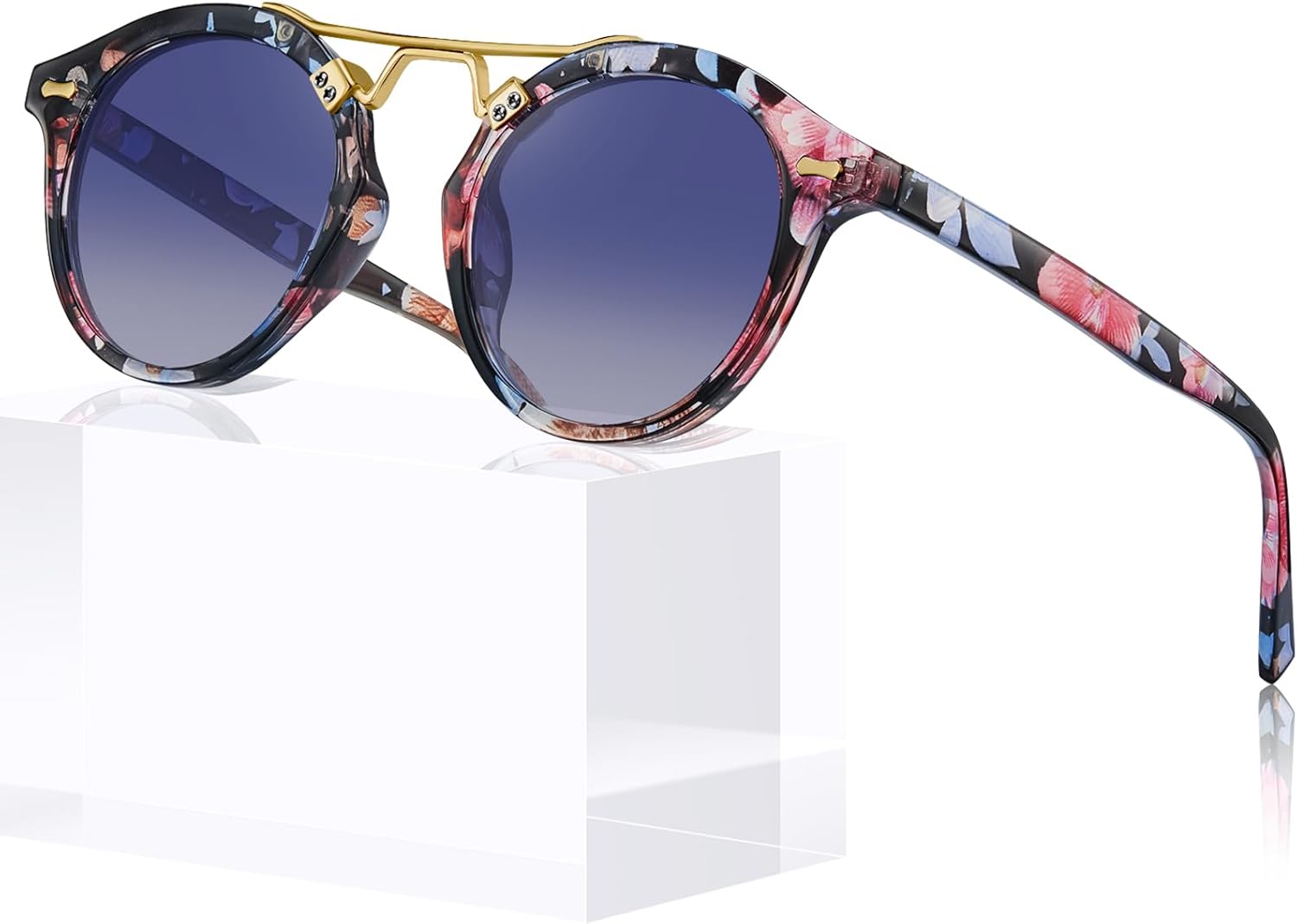 

Поляризованные солнцезащитные очки STGATN для женщин, круглые, в стиле ретро, ​​с двойной перемычкой, модные, с защитой от УФ-излучения, 7. Non-polarized Blue Pink Frame Blue Gradient Lens