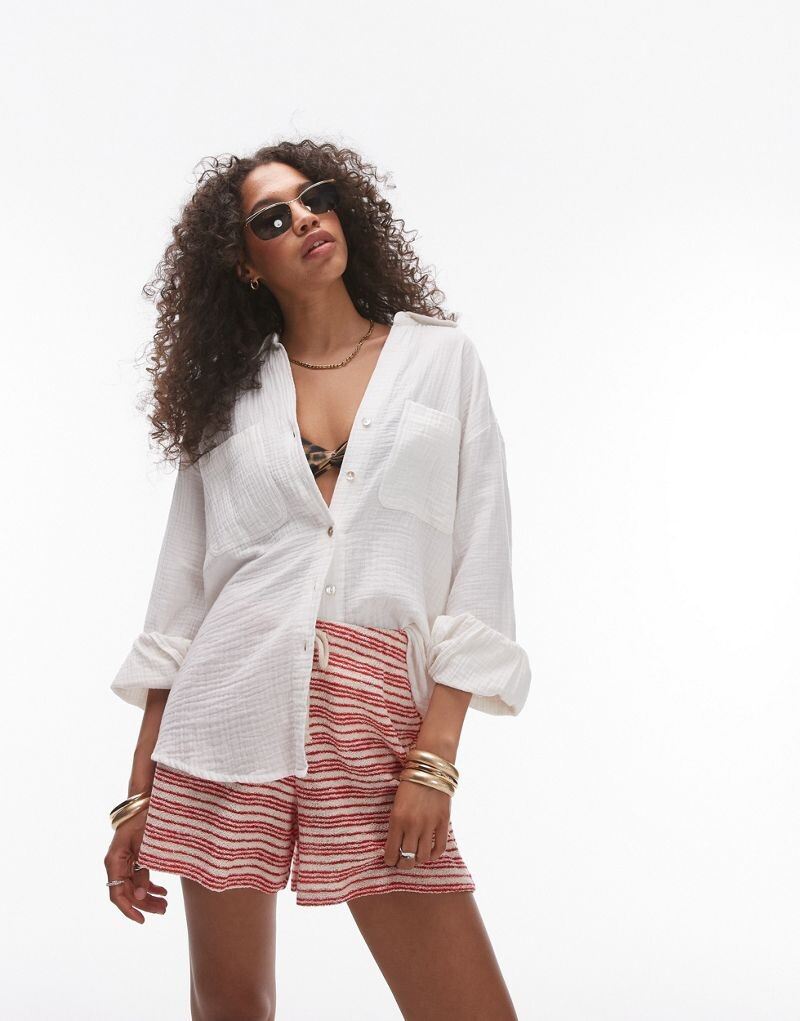 

Повседневная хлопковая рубашка Topshop цвета слоновой кости