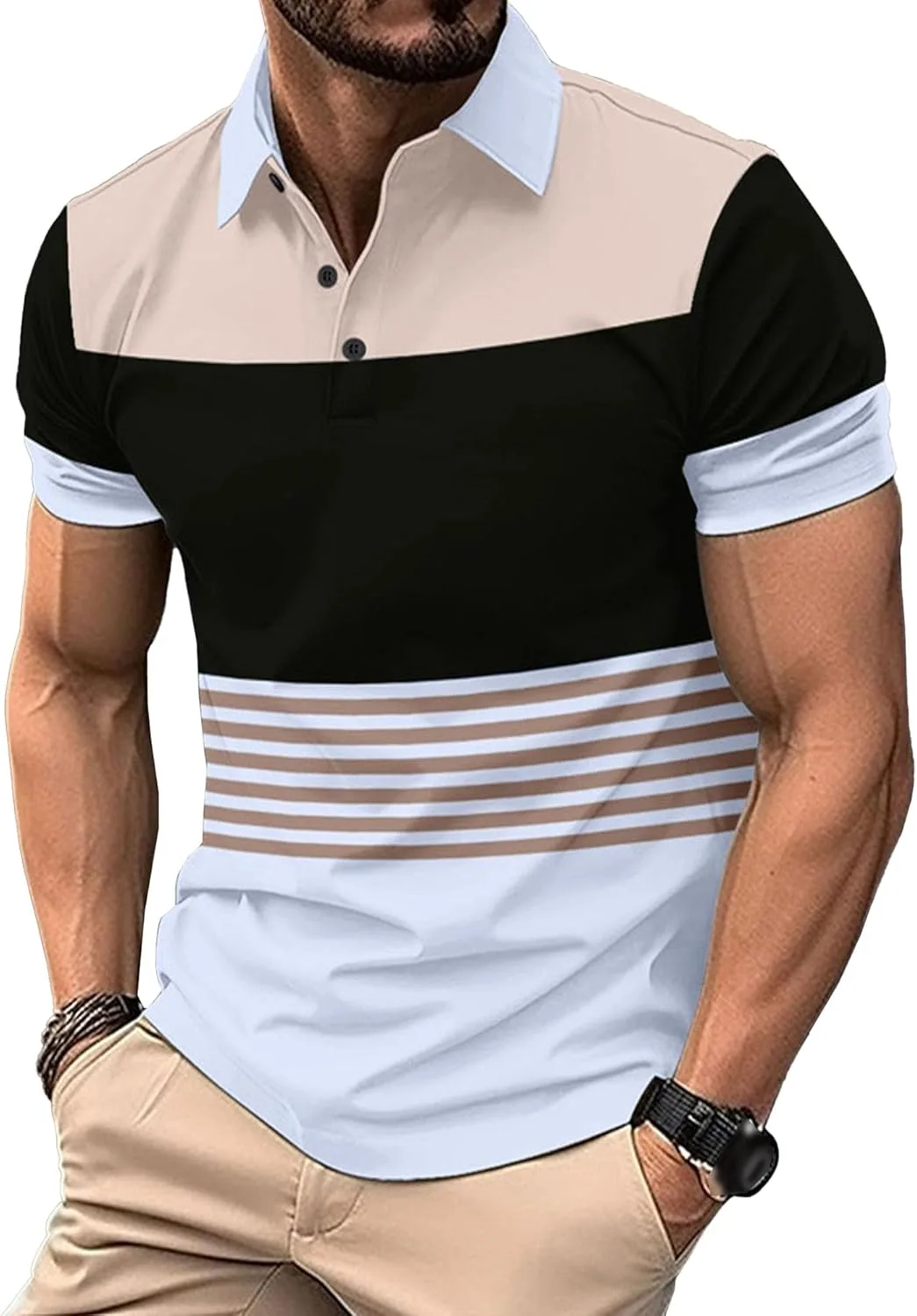 

Мужская полосатая поло с коротким рукавом и цветными блоками Gsywaipei