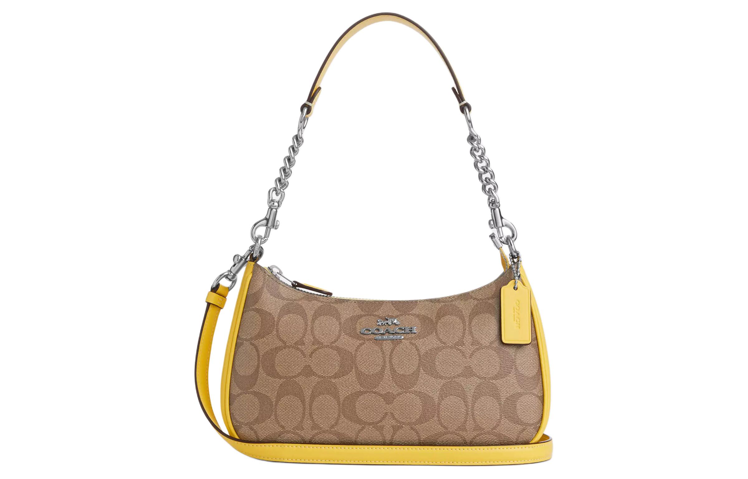 

COACH Сумка Teri Canvas с кожей, сумка-седло, сумка через плечо, женская, среднего размера, серебристая, хаки и винтажно-желтая