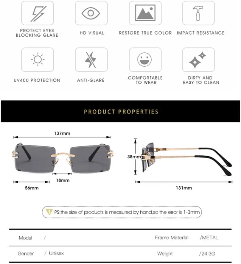 

Солнцезащитные очки без оправы прямоугольной формы для женщин, очки без оправы для мужчин, сверхлегкие очки с защитой от УФ-излучения UV400 LANGSER, Gold Brown