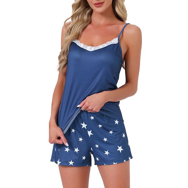

Женский пижамный комплект с кружевной отделкой: топ без рукавов с v-образным вырезом и шорты на резинке Inspire Chic, Navy