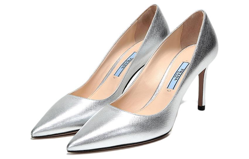 Тонкие каблуки Высокие каблуки 8,5 см Женские Серебристые PRADA — фото 4