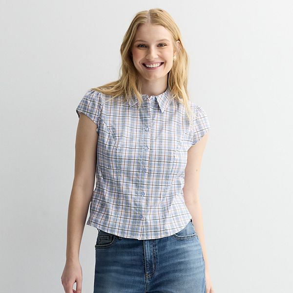 

Рубашка с коротким рукавом на пуговицах для подростков Madden Girl, Cream Combo Plaid