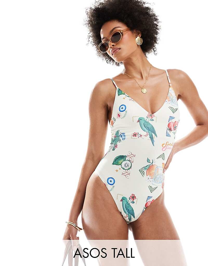 

Купальник с V-образным вырезом и узором в виде открытки ASOS DESIGN Tall