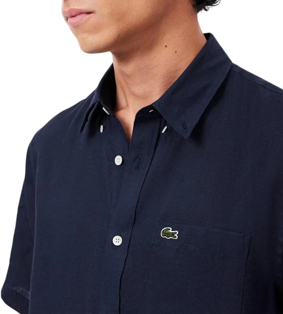 Мужская повседневная рубашка Lacoste из льна, стандартного кроя, на пуговицах, темно-синий — фото 2