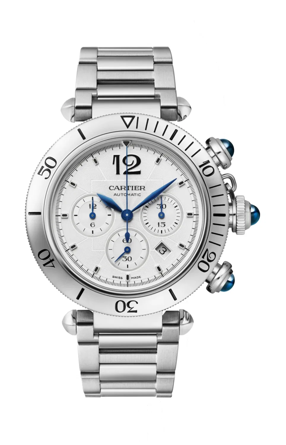 Pasha de CARTIER 41 мм, хронограф, автоматический механизм, сменный металлический браслет и кожаный ремешок - WSPA0018, серебряный