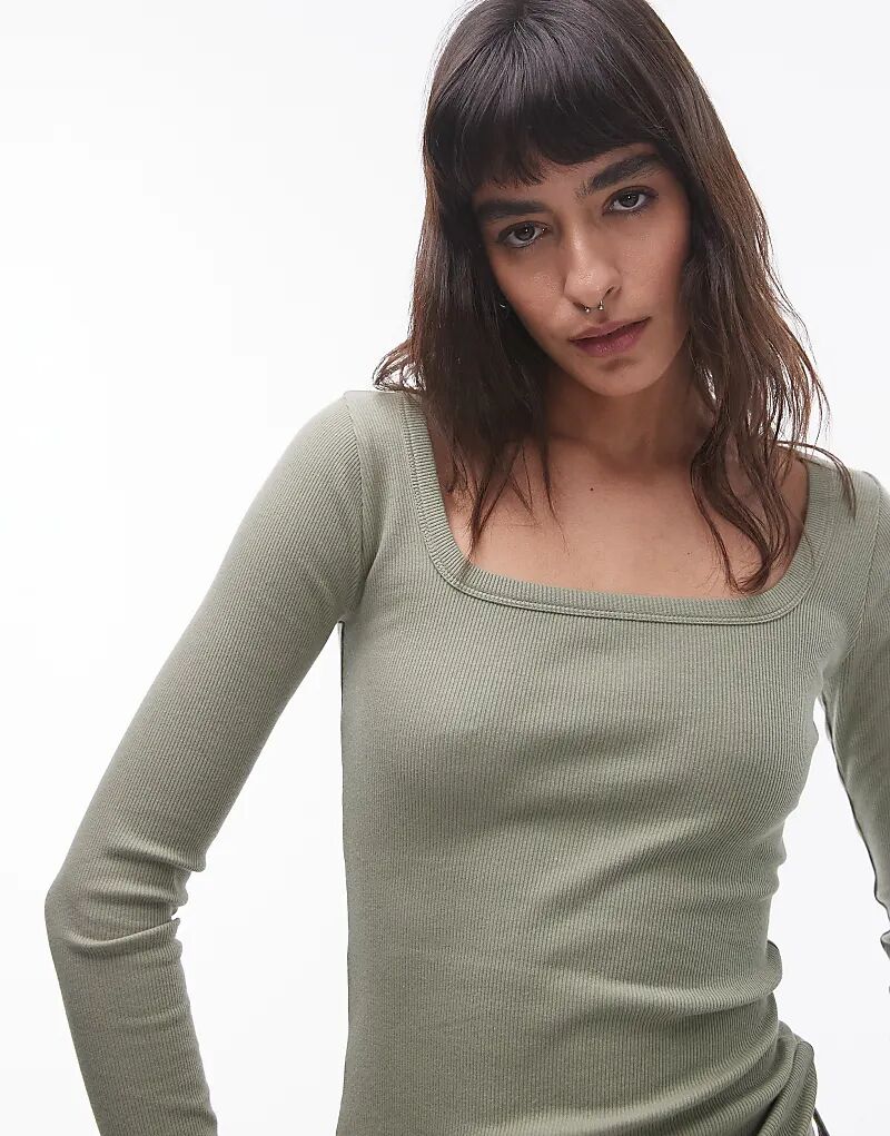 

Топ с квадратным вырезом и длинными рукавами цвета хаки Topshop