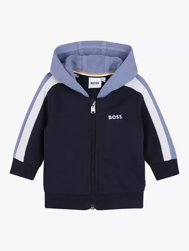 Детская толстовка с капюшоном на молнии, темно-синяя HUGO BOSS