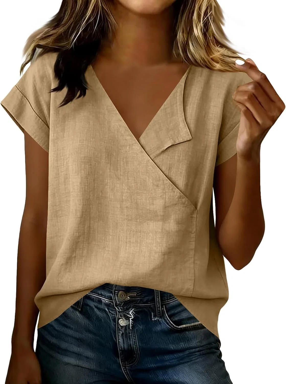 Блуза с запахом и V-образным вырезом, Cotton Linen, женская, Khaki