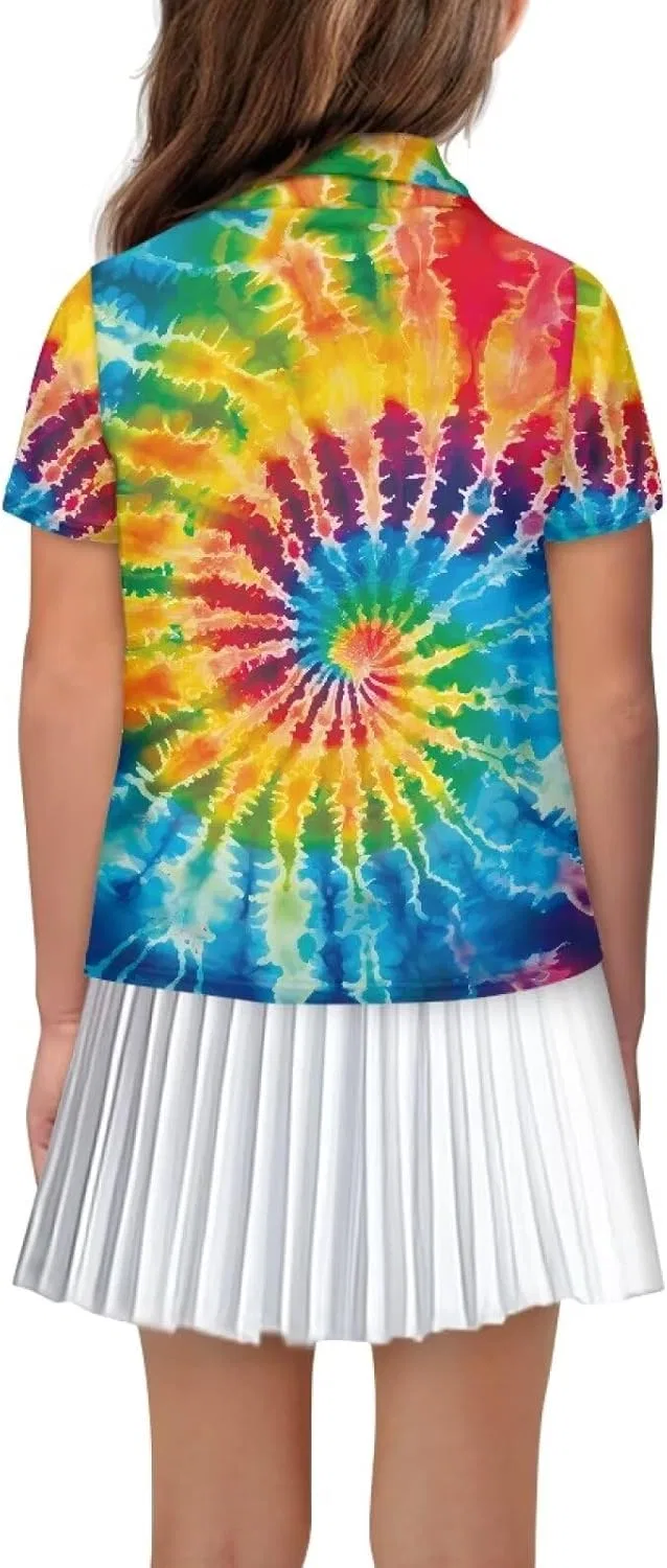 Детская поло для гольфа и тенниса Flaishyardaw, Tie Dye Rainbow, размеры 5-16 — фото 2
