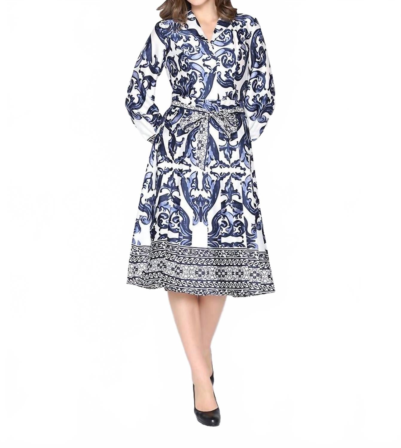 

Gracia Платье с цветочным принтом, длинными рукавами, отложным воротником и поясом, цвет слоновой кости