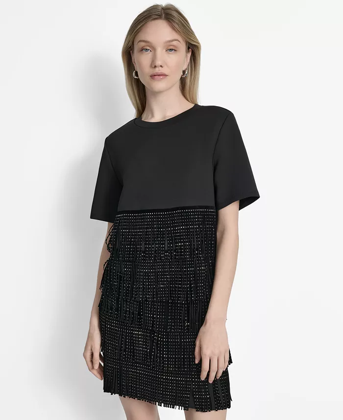 

Женская футболка с круглым вырезом и бахромой из заклепок DKNY, черный