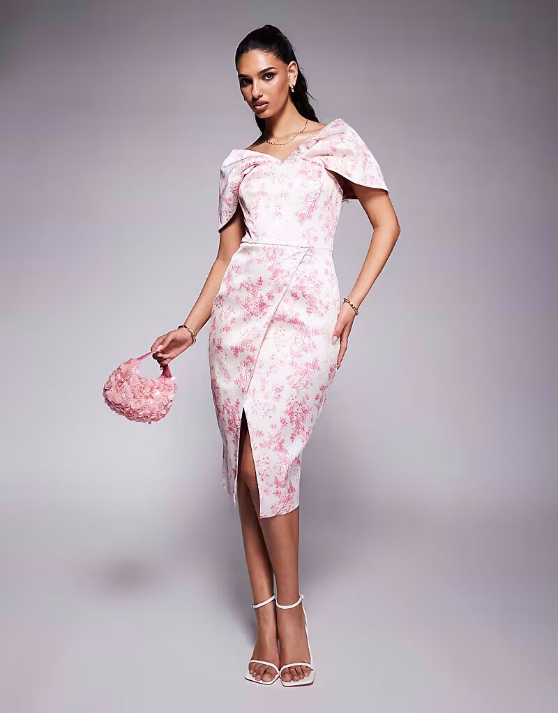 

Платье миди из атласа с драпировкой и вырезом на талии, с принтом фарфора цвета фуксии Lavish Alice