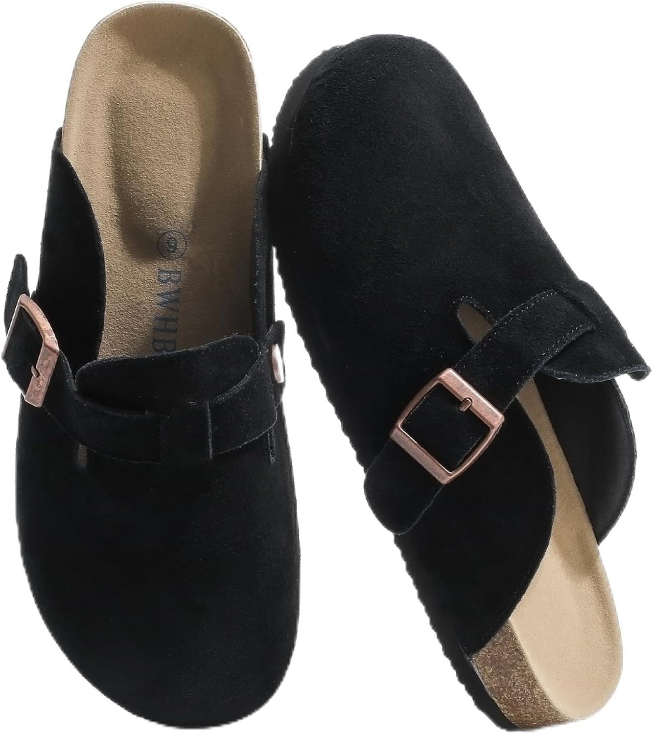 

Замшевые сабо для женщин, кожаные мюли с пробковой стелькой и поддержкой свода стопы, обувь «Potato» для мужчин и женщин, слипоны-сабо с регулируемой пряжкой, унисекс, тапочки, балетки Bwhbwh, черный