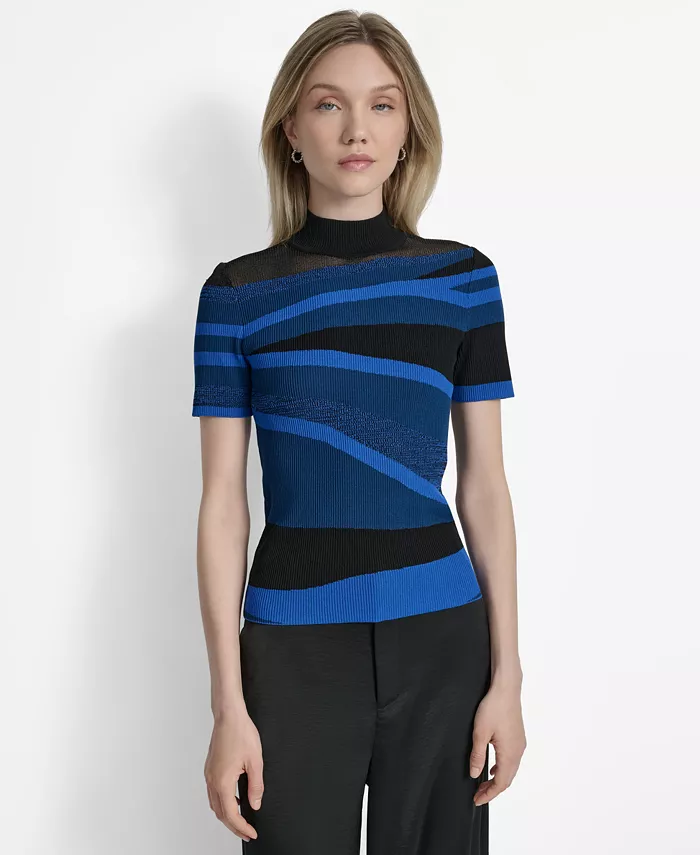 

Женский принтованный свитер с воротником-стойкой и короткими рукавами DKNY, синий