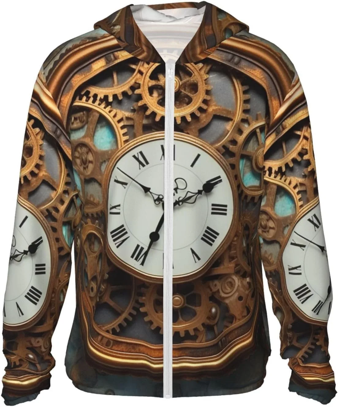 

UPF 50+ легкая куртка на молнии с капюшоном для защиты от солнца, длинный рукав, цвет Rusty Steampunk Clock LHBWCVN