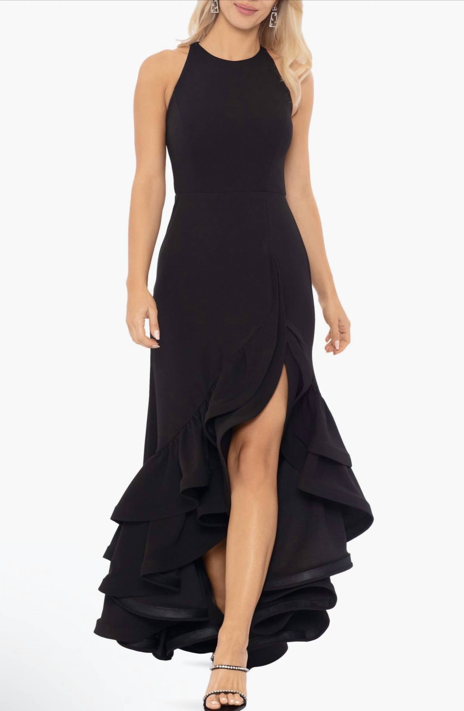 

Платье Arielle из струящегося крепа с рюшами и разрезом в стиле scuba, черное Betsy & Adam