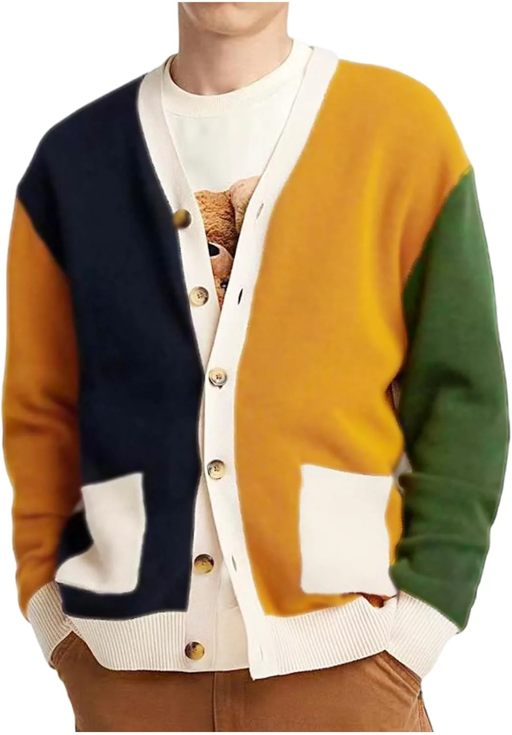 

Мужской кардиган с цветными блоками, V-образным вырезом и карманами IEPOFG