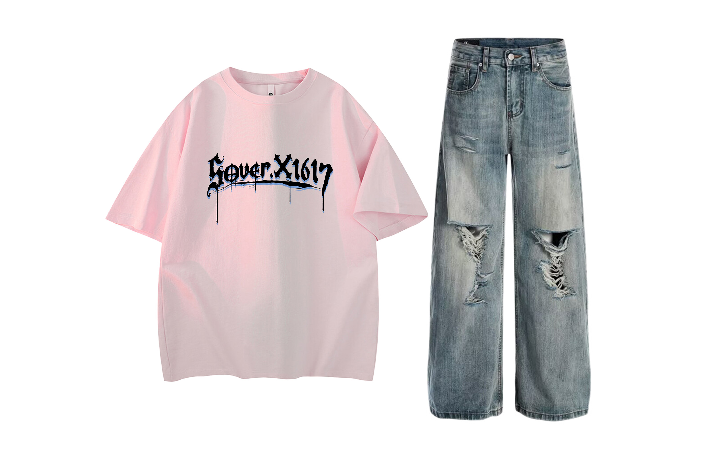 

Повседневный спортивный свитер Unisex с круглой горловиной Moderate X1617, розовый short-sleeved+синий ripped jeans