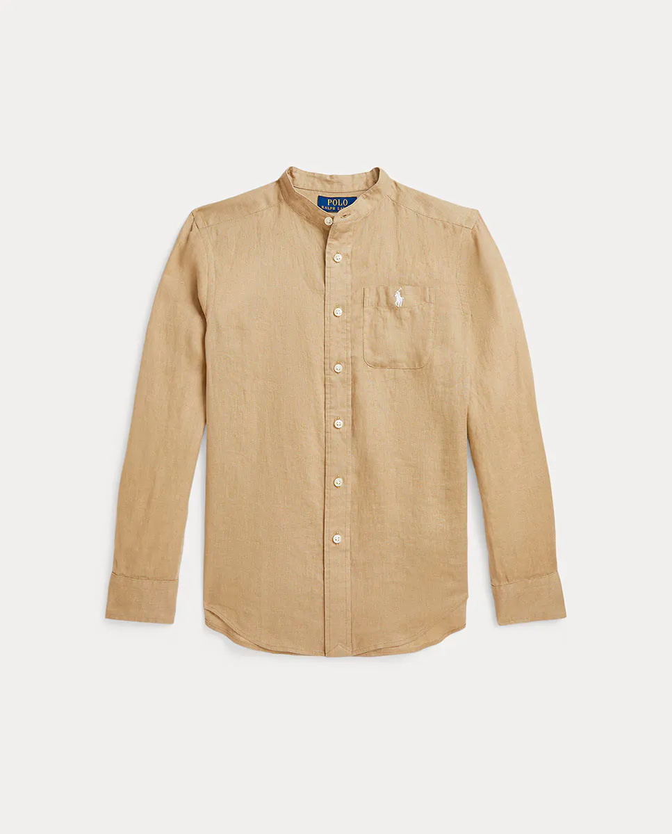 

Детская льняная рубашка с воротником-стойкой Polo Ralph Lauren, коричневый