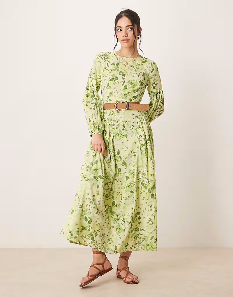 

Длинное льняное платье ASOS DESIGN с вуалью-годе и цветочным принтом зеленого цвета
