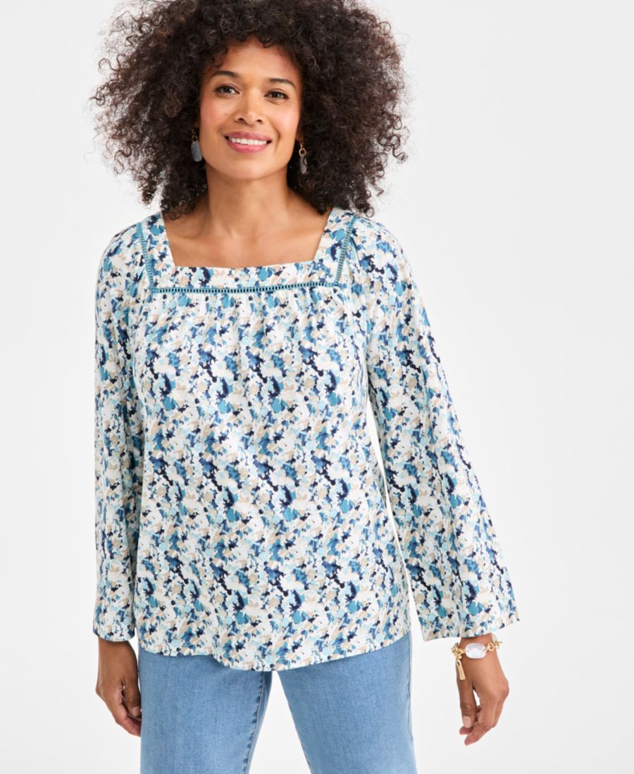 

Женская блузка с принтом, квадратным вырезом и длинными рукавами-крылышками, эксклюзивно для Macy's Style & Co, Quick Dip Combo