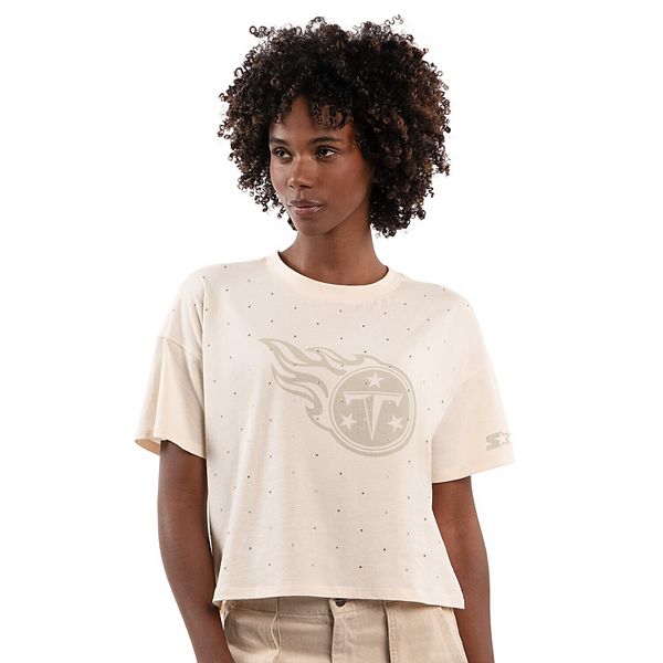 

Женская кремовая бокси кроп-футболка tennessee titans с россыпью страз Starter, Бежевый, Женская кремовая бокси кроп-футболка tennessee titans с россыпью страз Starter