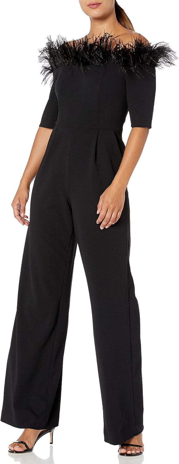 

Женский комбинезон Calvin Klein с открытыми плечами и отделкой из перьев, Black