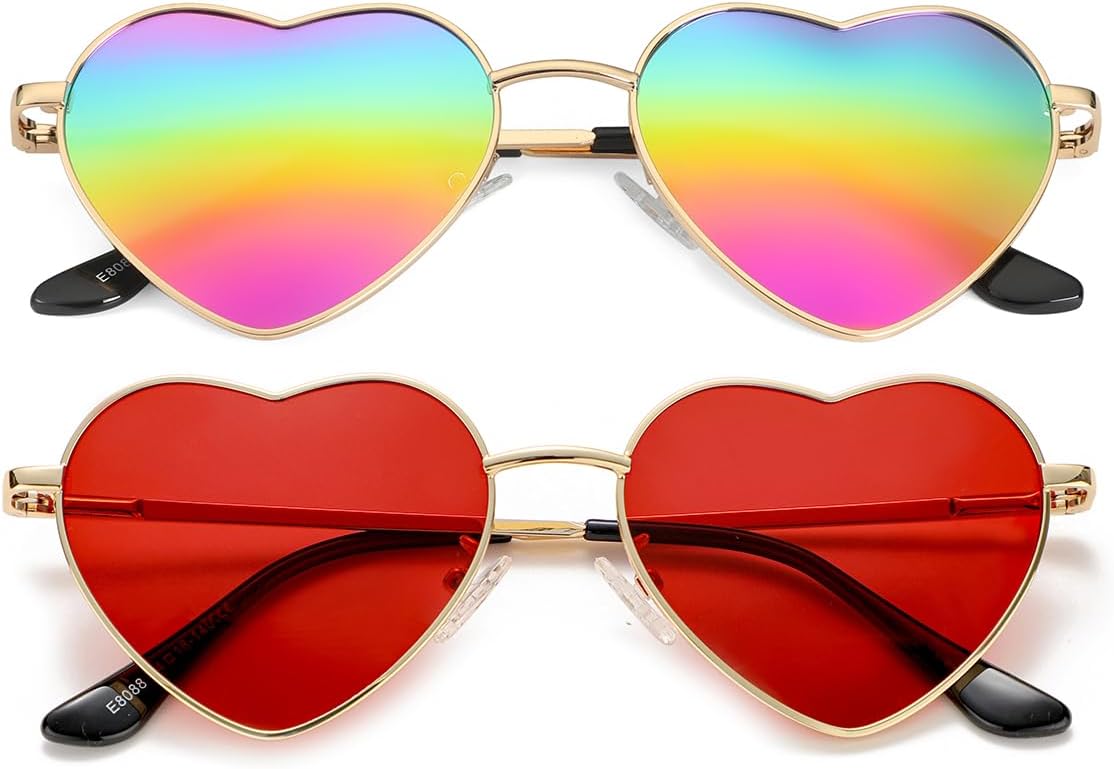 

Поляризованные солнцезащитные очки NIDOVIX в форме сердца для женщин, винтажный стиль, милые и очаровательные солнцезащитные очки с металлической оправой и защитой от УФ-излучения UV400, 2 Pack: (Gold/Rainbow Mirror+gold/Red)
