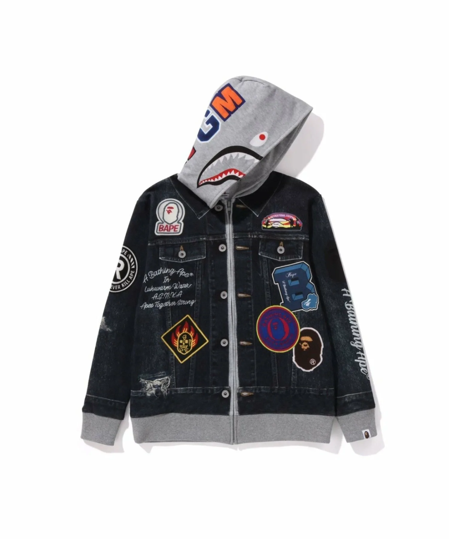 Куртка-худи на молнии с принтом Shark Bape Emblem из денима A BATHING APE, NAVY