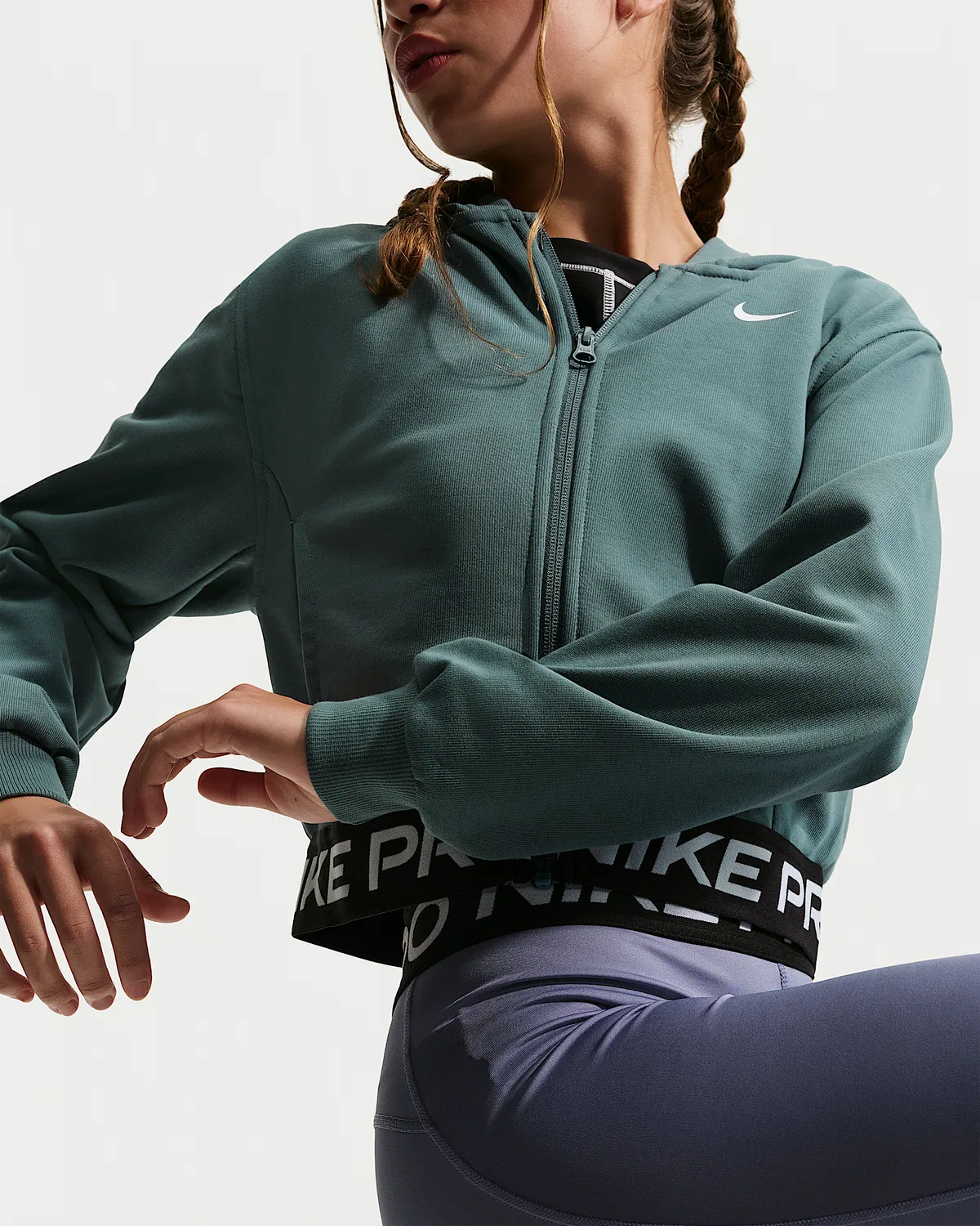 Детская (девичья) флисовая кофта Nike Pro Fleece Dri-FIT на молнии, Mineral Slate/Mineral Slate/Black/White — фото 3