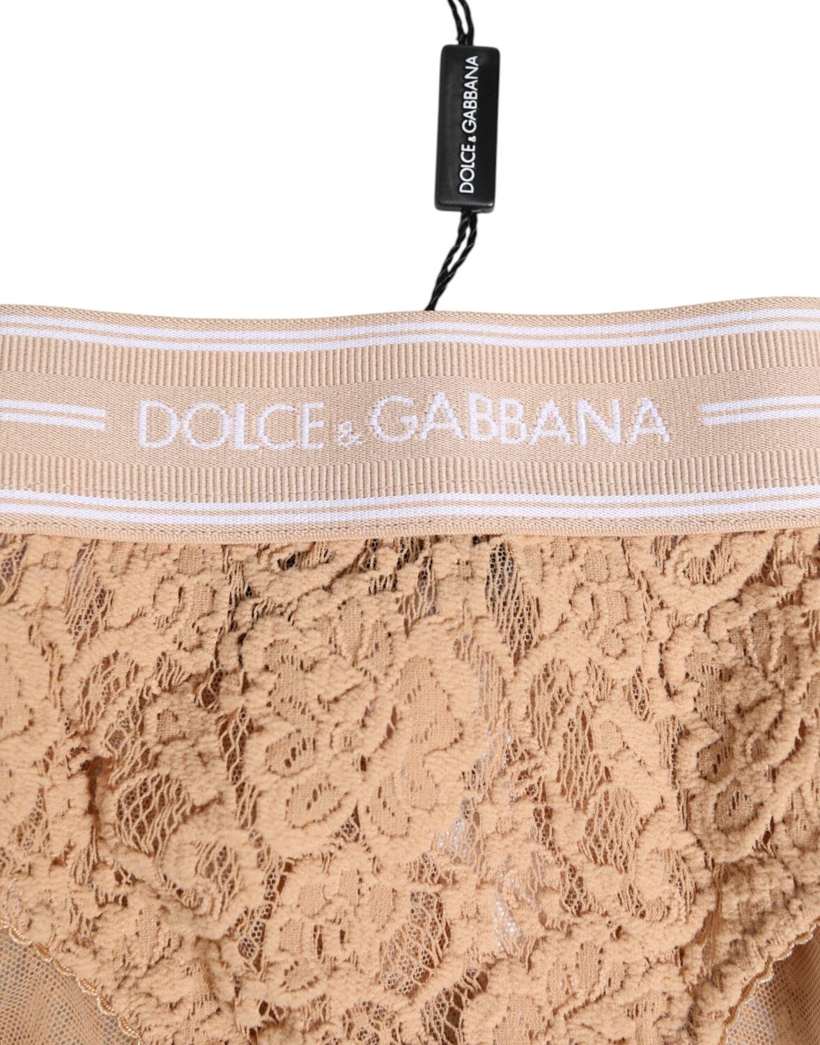 Бежевые кружевные трусы-бразильяно с логотипом на поясе Dolce & Gabbana, бежевый — фото 2