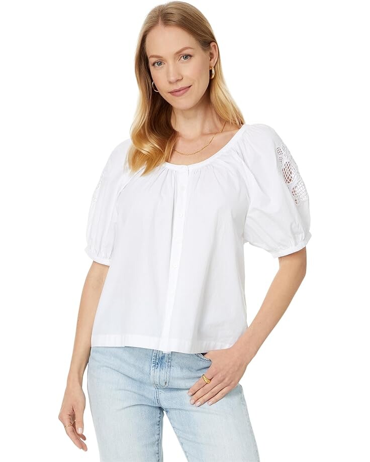 

Топ Madewell Embroidered Puff-Sleeve A-Line Top in Poplin, цвет Eyelet White