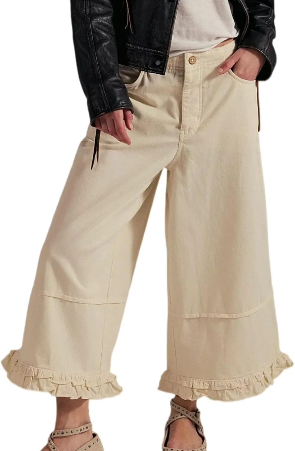 Джинсы женские свободные с оборкой, Beige