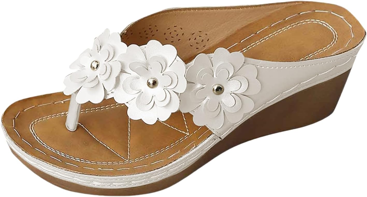 

Женские сандалии Комфортные платформенные сабо на танкетке Плоские шлепанцы с открытым носком Нарядные повседневные прогулочные туфли Стильные сандалии с цветочным узором для пляжа и отпуска с поддержкой свода стопы Generic, белый