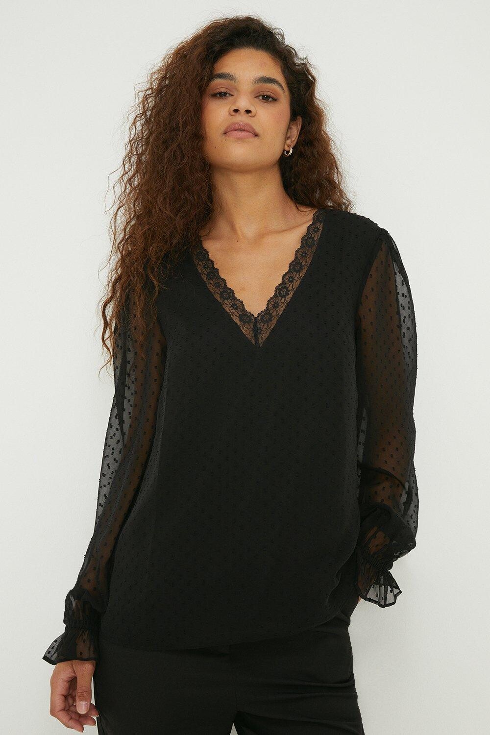 

Шифоновая блузка с длинными рукавами в стиле добби Tall Dorothy Perkins, черный