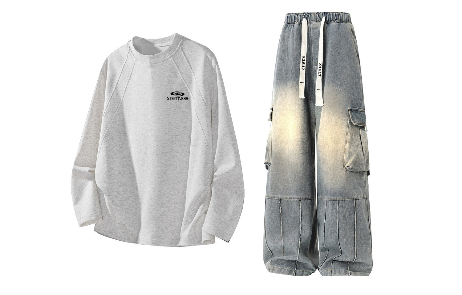 

Повседневный спортивный свитер Unisex с круглой горловиной Moderate X1617, белый heather серый long-sleeved shirt+синий pants