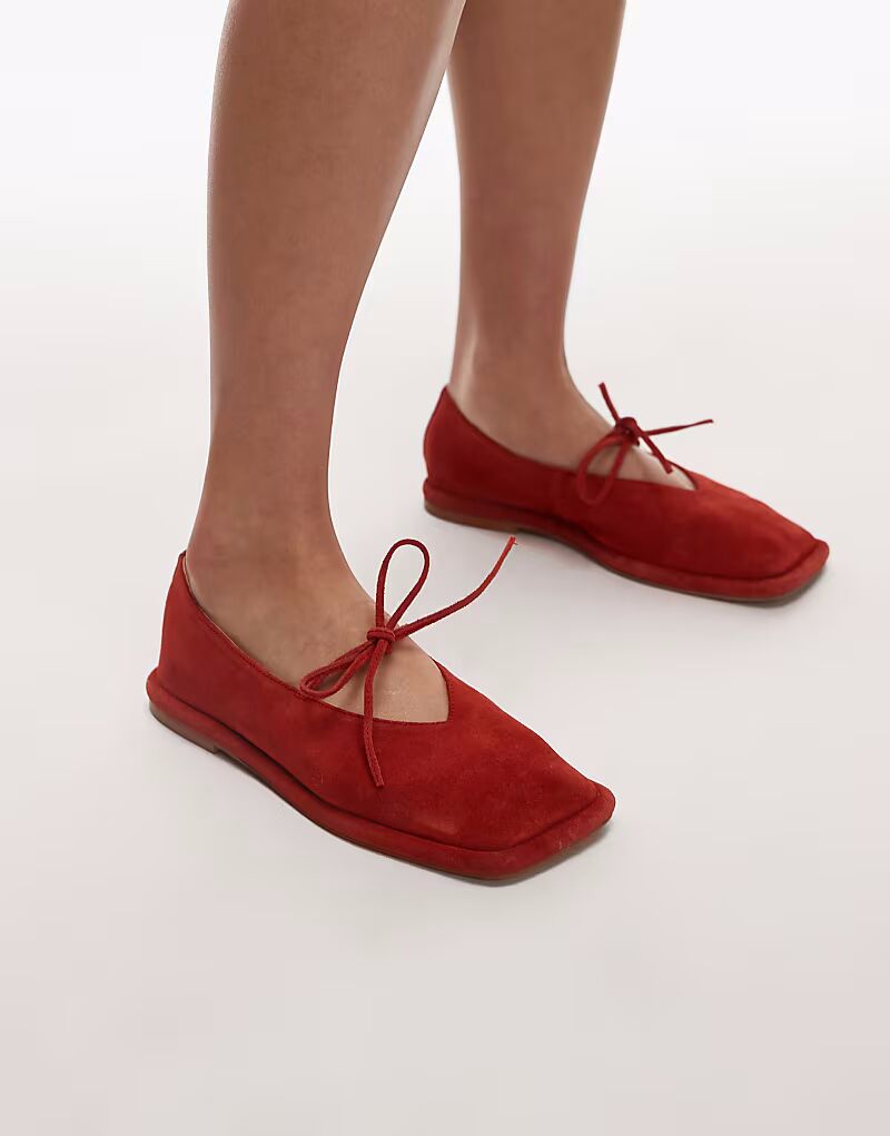 Балетки Topshop Alaia из замши с галстуком красного цвета — фото 3