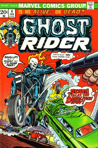 

Ghost Rider: Is He Alive Or Dead: Death Stalks The Demolition Derby!: Smash Up! But It Missed Me! I'm Home Free! That's What You Think, Rider! (204 F02900, Vol. 1, No. 4, February 1974) (Marvel Comics Group)