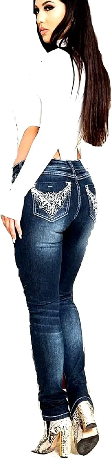 

Женские рваные джинсы Bootcut Mid Rise с эффектом винтаж и стразами на карманах S96-PB SEXY COUTURE