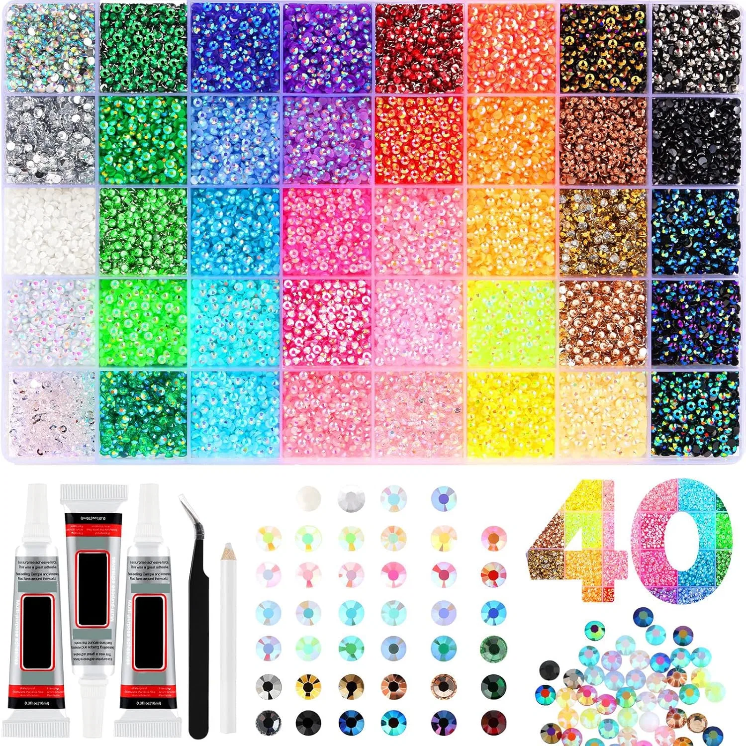 Набор из 32000 страз Jelly Rhinestones 3 мм для ногтей, 40 цветов Generisch, 01-40 Colors A
