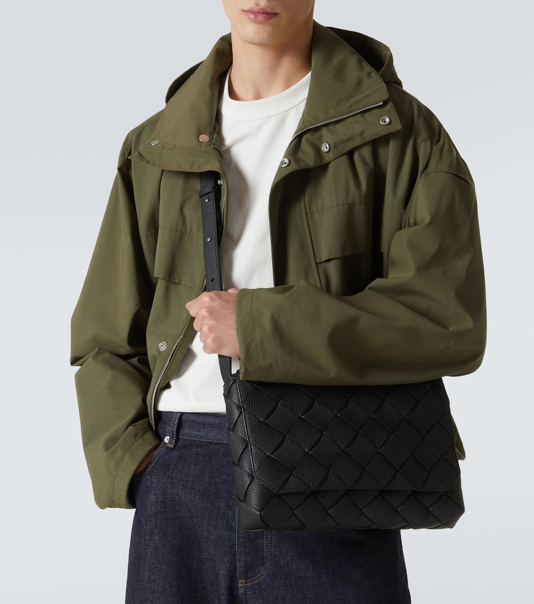 Diago Большая кожаная сумка-портфель Intreccio Bottega Veneta, Black-Silver — фото 3