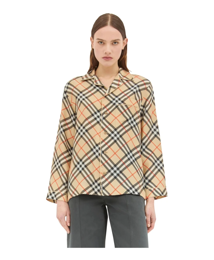 

Шелковая пижамная рубашка в клетку Burberry, бежевый