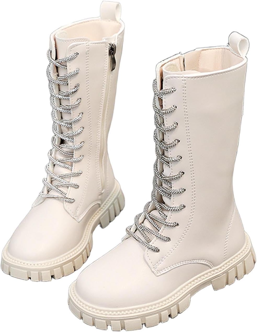 

Девочкам Ботинки с боковой молнией, водонепроницаемые, средней длины, боевые, модные, из искусственной кожи, для улицы и верховой езды, на шнуровке, зимние, снежные Generic, White