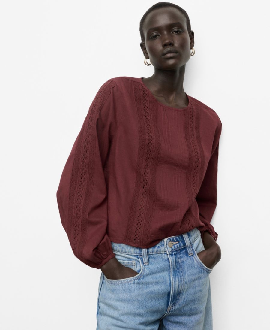 

Женская вышитая блузка с пышными рукавами MANGO, Burgundy