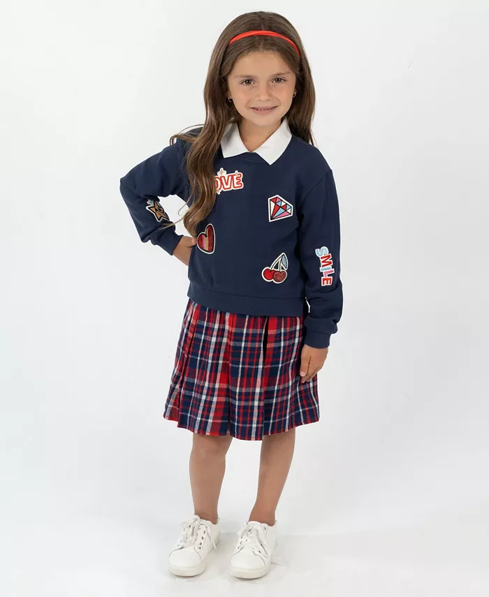 

Платье для девочек с воротником-поло и юбкой в клетку с толстовкой с нашивками, 2 предмета Rare Editions